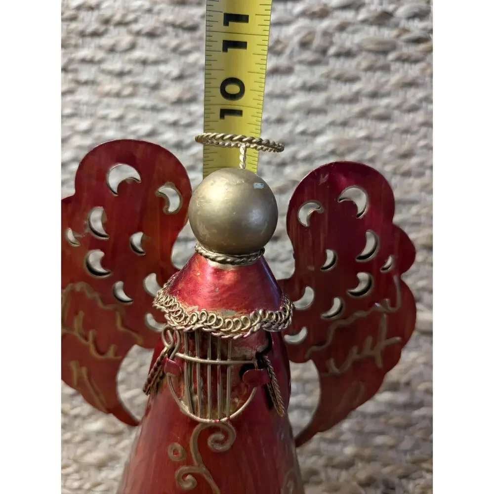 Christmas Red Metal Angel Playing Harp Instrument Gold Holiday Tabletop Decor
